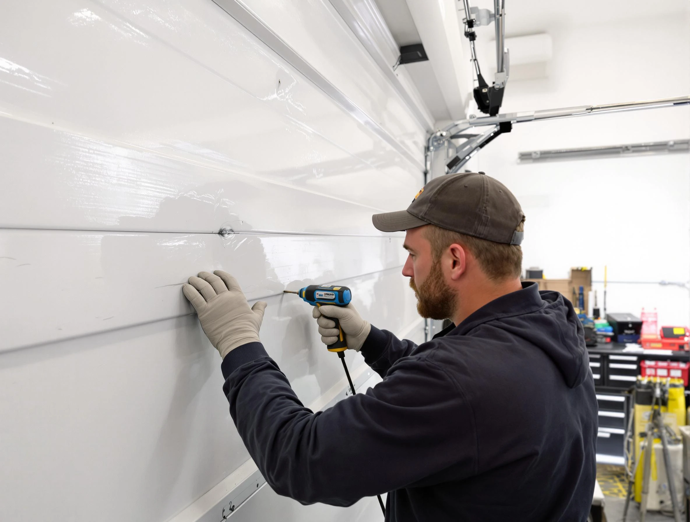 Fairmount Garage Door Repair technician demonstrating precision dent removal techniques on a Fairmount garage door